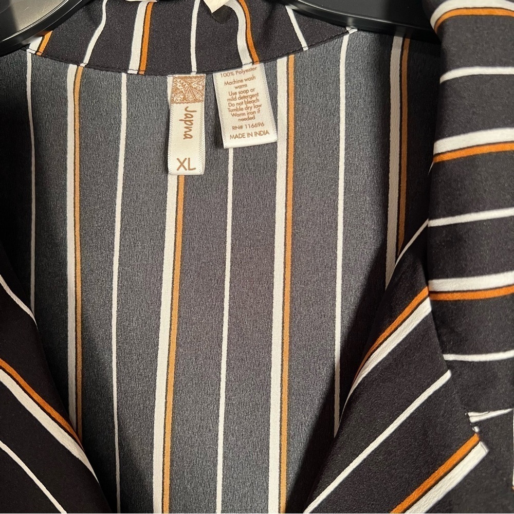 Japna Black White Tan Stripe Button Down Short Sleeve Blouse - Picture 8 of 9